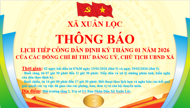 Lịch tiếp công dân định kỳ tháng 01 năm 2026 của các đồng chí Bí thư Đảng Uỷ-Chủ tịch HĐND xã và Chủ tịch UBND xã