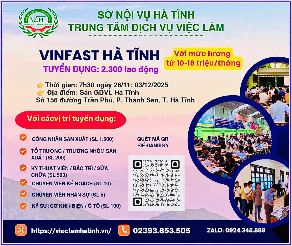 NHÀ MÁY Ô TÔ ĐIỆN VINFAST HÀ TĨNH TUYỂN DỤNG - PHỎNG VẤN TRỰC TIẾP TẠI TRUNG TÂM DỊCH VỤ VIỆC LÀM HÀ TĨNH
